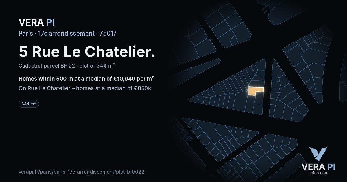 5 Rue Le Chatelier, 17e arrondissement at night – the plot lit, the parcels around coloured by the prices near them