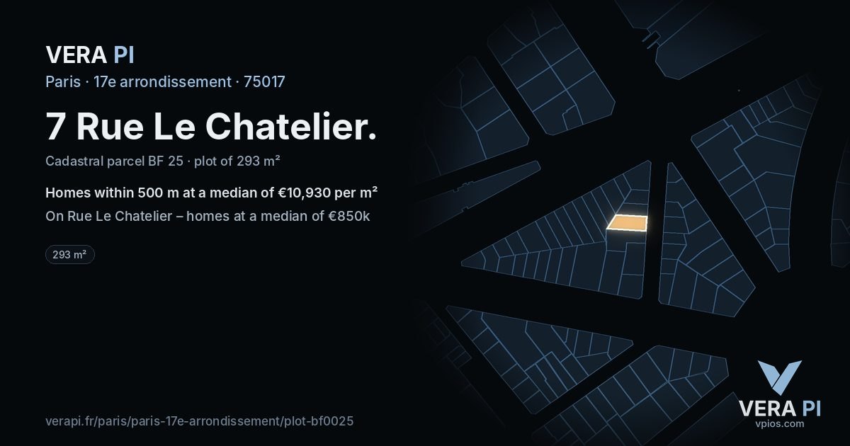 7 Rue Le Chatelier, 17e arrondissement at night – the plot lit, the parcels around coloured by the prices near them