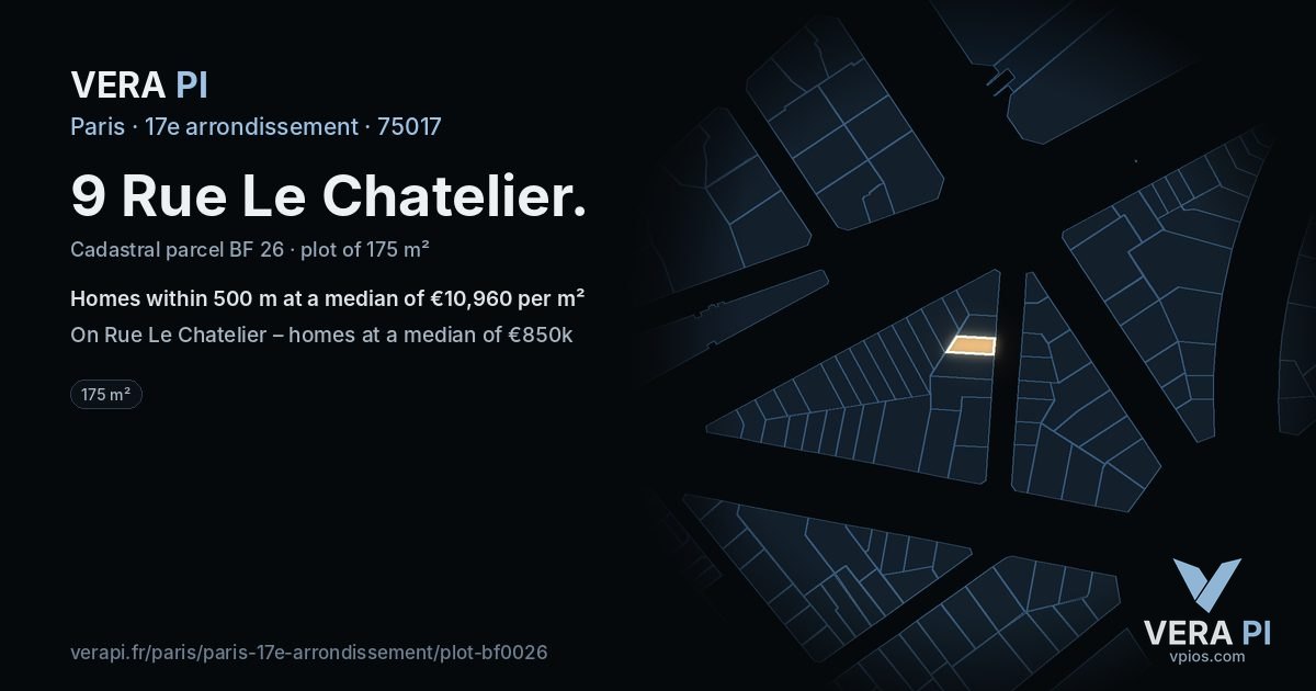 9 Rue Le Chatelier, 17e arrondissement at night – the plot lit, the parcels around coloured by the prices near them