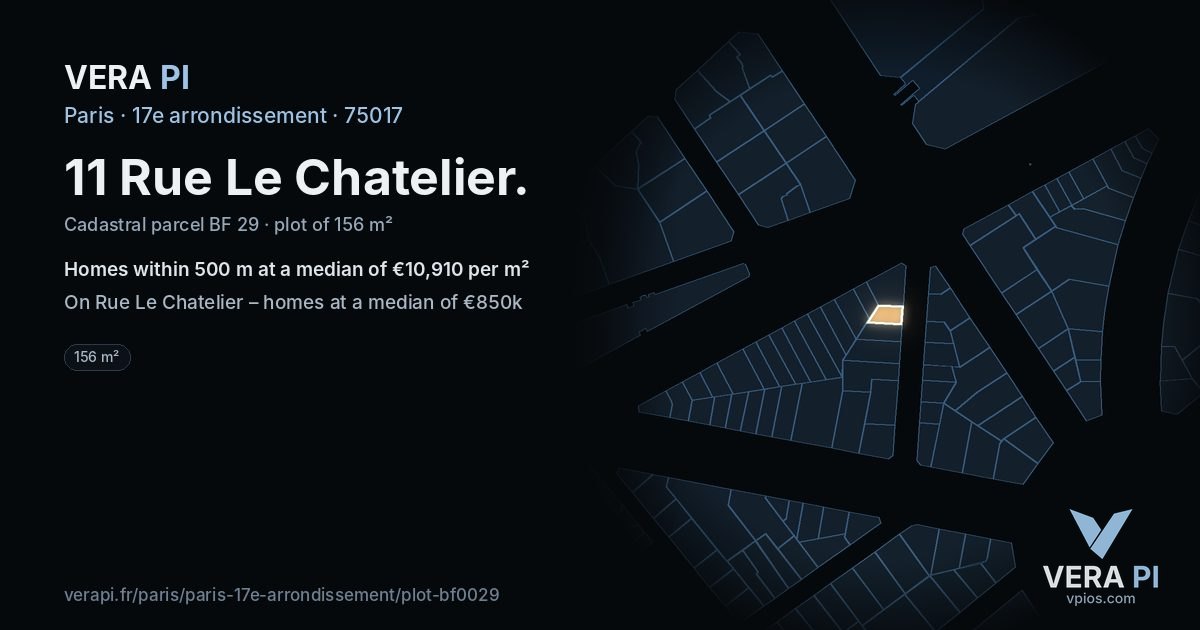 11 Rue Le Chatelier, 17e arrondissement at night – the plot lit, the parcels around coloured by the prices near them