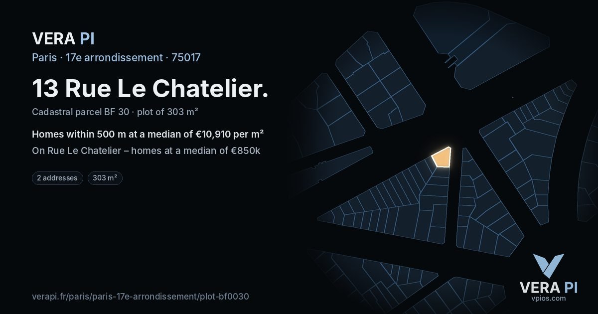 13 Rue Le Chatelier, 17e arrondissement at night – the plot lit, the parcels around coloured by the prices near them