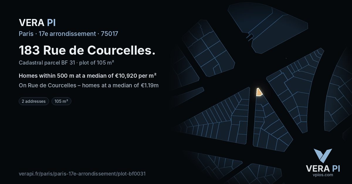 183 Rue de Courcelles, 17e arrondissement at night – the plot lit, the parcels around coloured by the prices near them