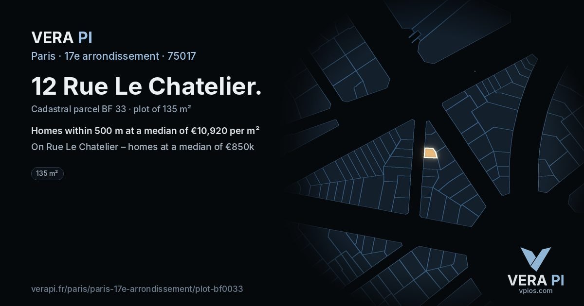 12 Rue Le Chatelier, 17e arrondissement at night – the plot lit, the parcels around coloured by the prices near them