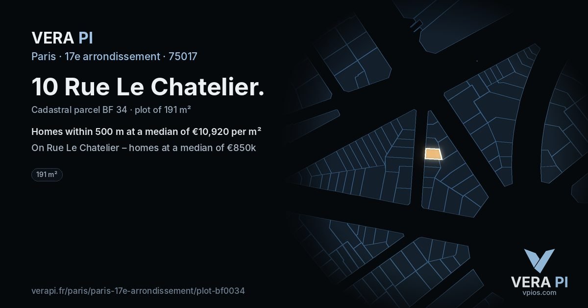 10 Rue Le Chatelier, 17e arrondissement at night – the plot lit, the parcels around coloured by the prices near them