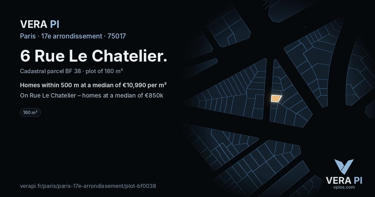 6 Rue Le Chatelier, 17e arrondissement at night – the plot lit, the parcels around coloured by the prices near them
