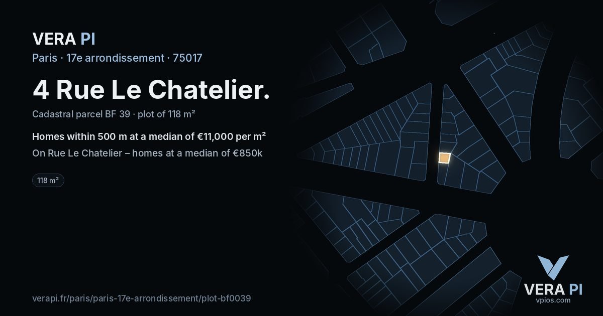 4 Rue Le Chatelier, 17e arrondissement at night – the plot lit, the parcels around coloured by the prices near them