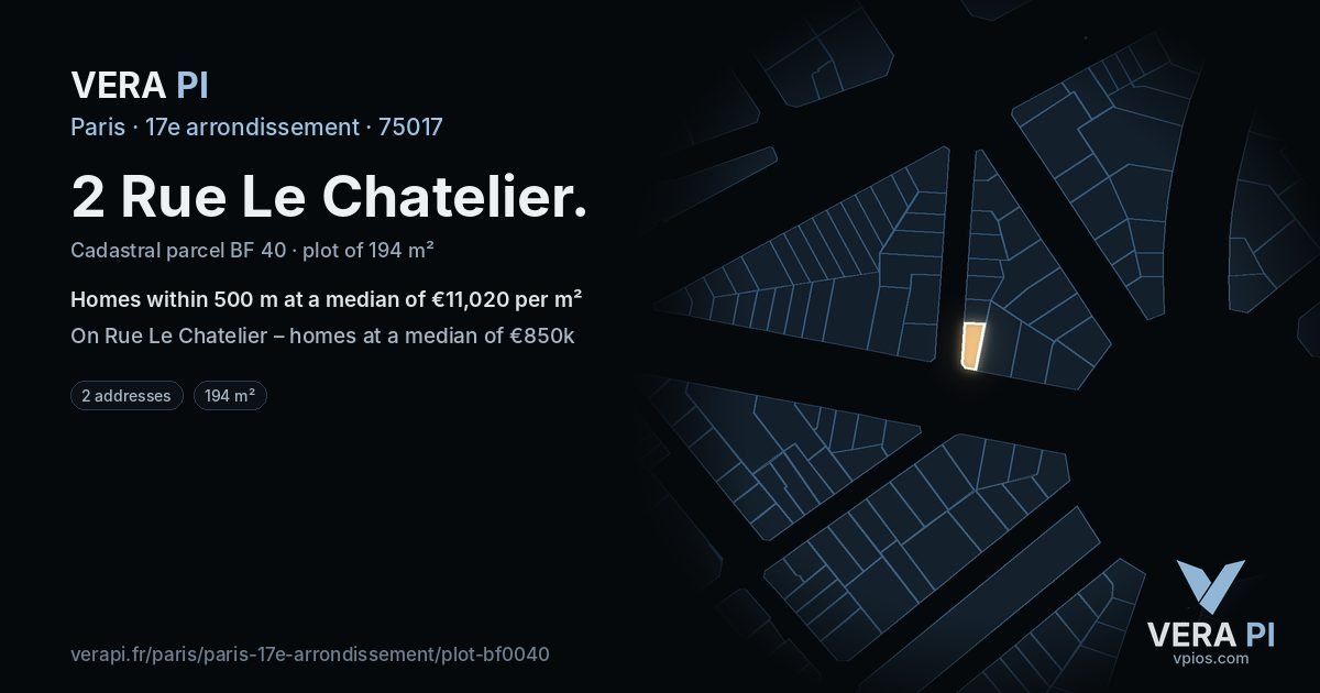 2 Rue Le Chatelier, 17e arrondissement at night – the plot lit, the parcels around coloured by the prices near them