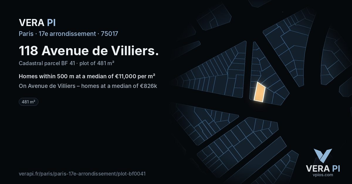 118 Avenue de Villiers, 17e arrondissement at night – the plot lit, the parcels around coloured by the prices near them
