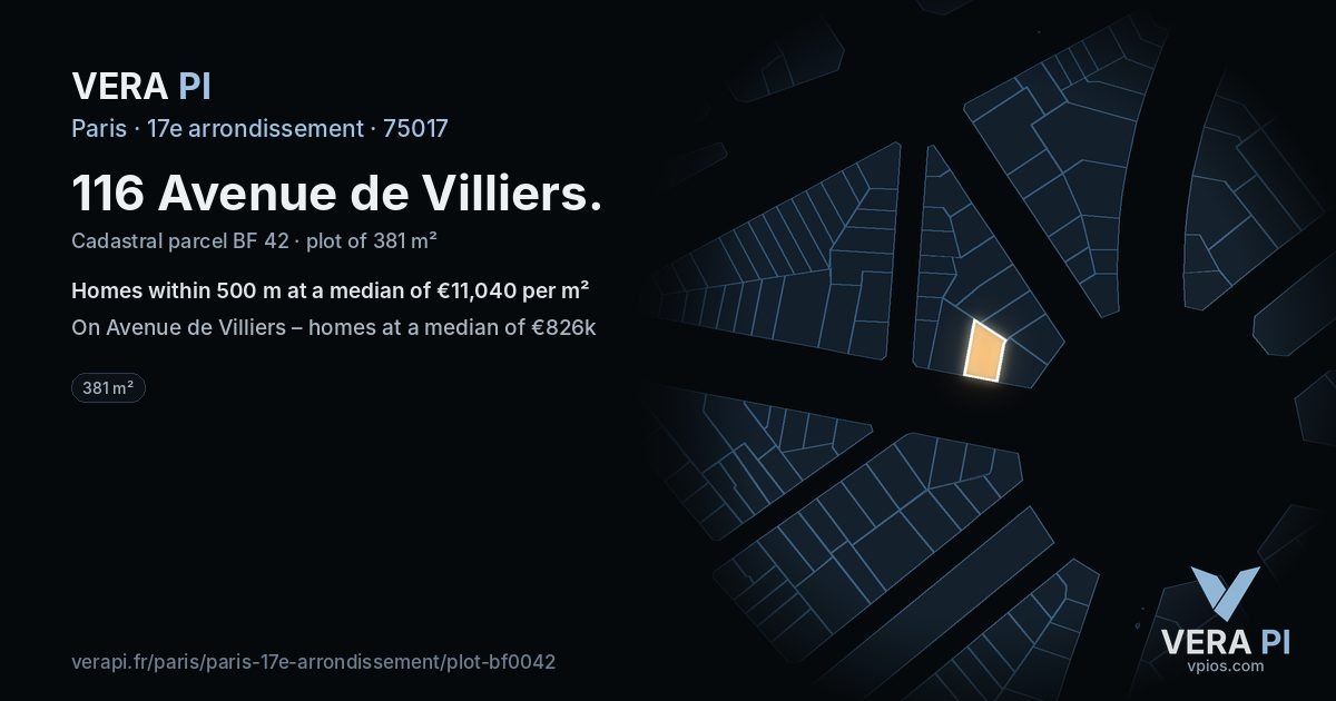 116 Avenue de Villiers, 17e arrondissement at night – the plot lit, the parcels around coloured by the prices near them