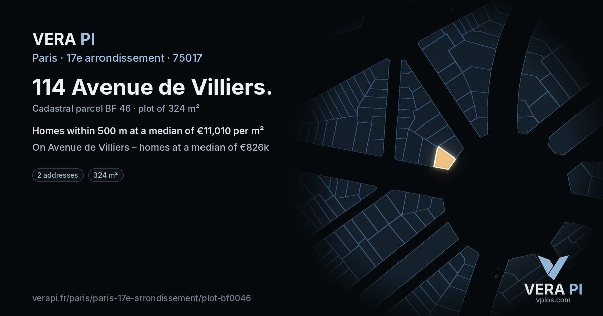 114 Avenue de Villiers, 17e arrondissement at night – the plot lit, the parcels around coloured by the prices near them