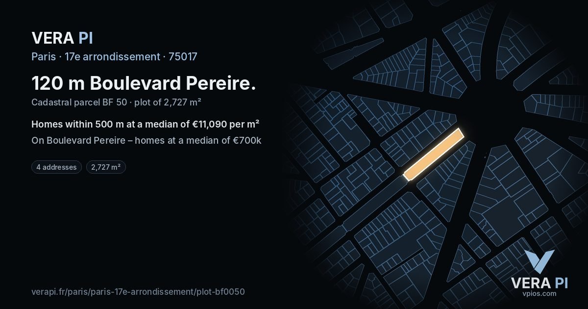 120 m Boulevard Pereire, 17e arrondissement at night – the plot lit, the parcels around coloured by the prices near them