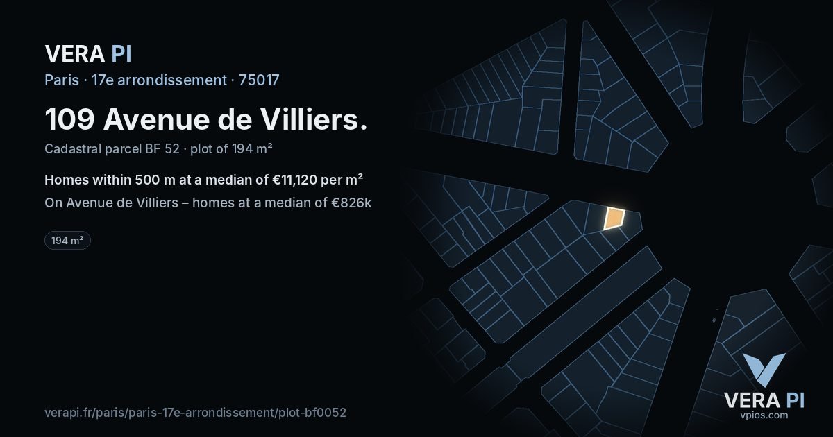 109 Avenue de Villiers, 17e arrondissement at night – the plot lit, the parcels around coloured by the prices near them