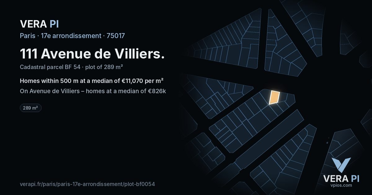 111 Avenue de Villiers, 17e arrondissement at night – the plot lit, the parcels around coloured by the prices near them