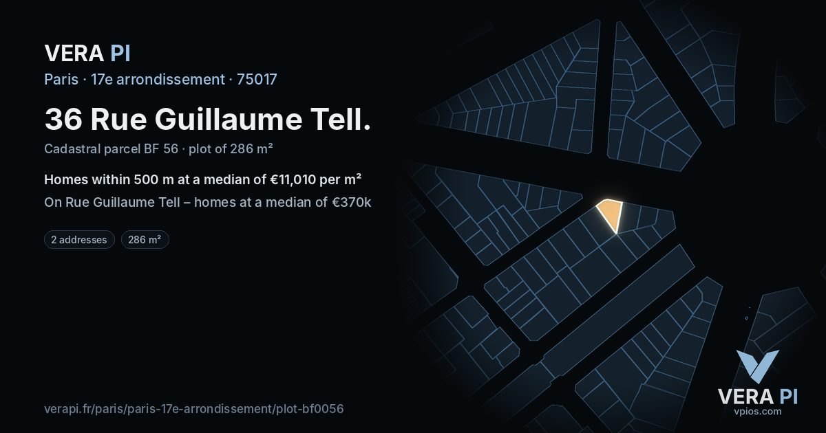 36 Rue Guillaume Tell, 17e arrondissement at night – the plot lit, the parcels around coloured by the prices near them