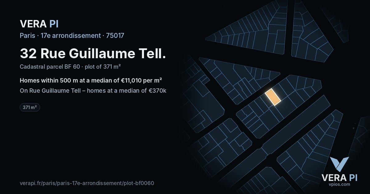 32 Rue Guillaume Tell, 17e arrondissement at night – the plot lit, the parcels around coloured by the prices near them