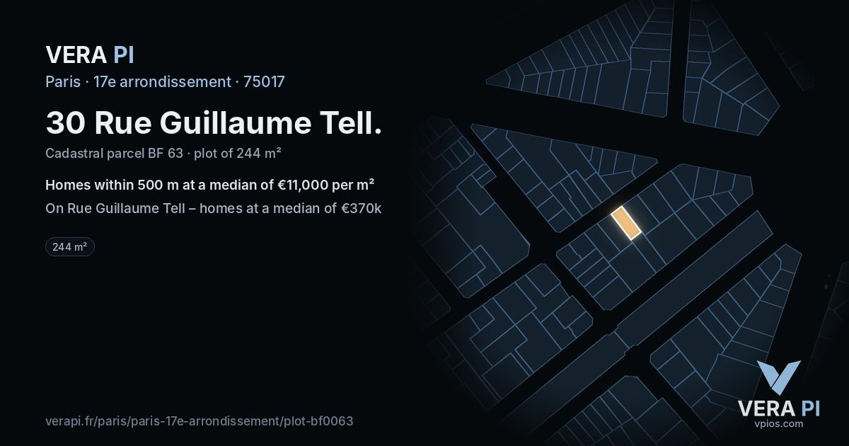 30 Rue Guillaume Tell, 17e arrondissement at night – the plot lit, the parcels around coloured by the prices near them