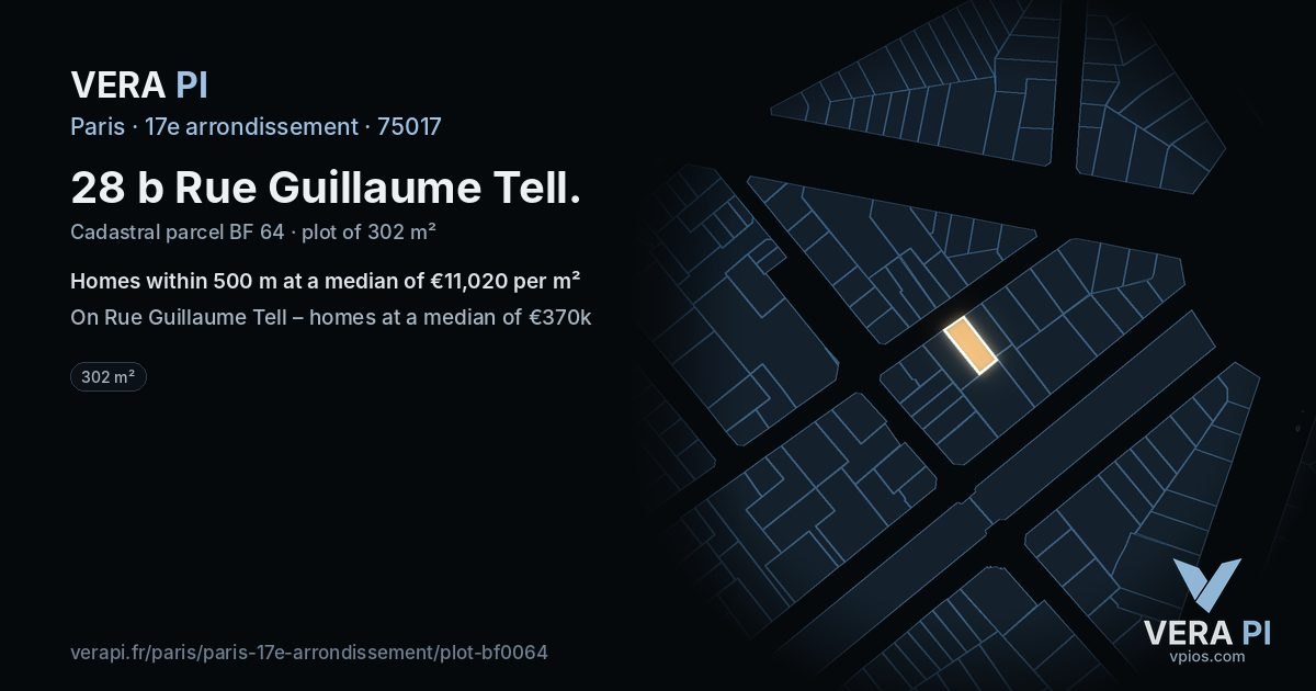 28 b Rue Guillaume Tell, 17e arrondissement at night – the plot lit, the parcels around coloured by the prices near them