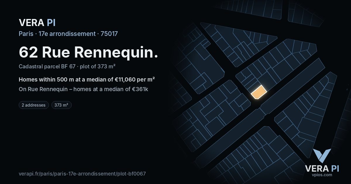 62 Rue Rennequin, 17e arrondissement at night – the plot lit, the parcels around coloured by the prices near them