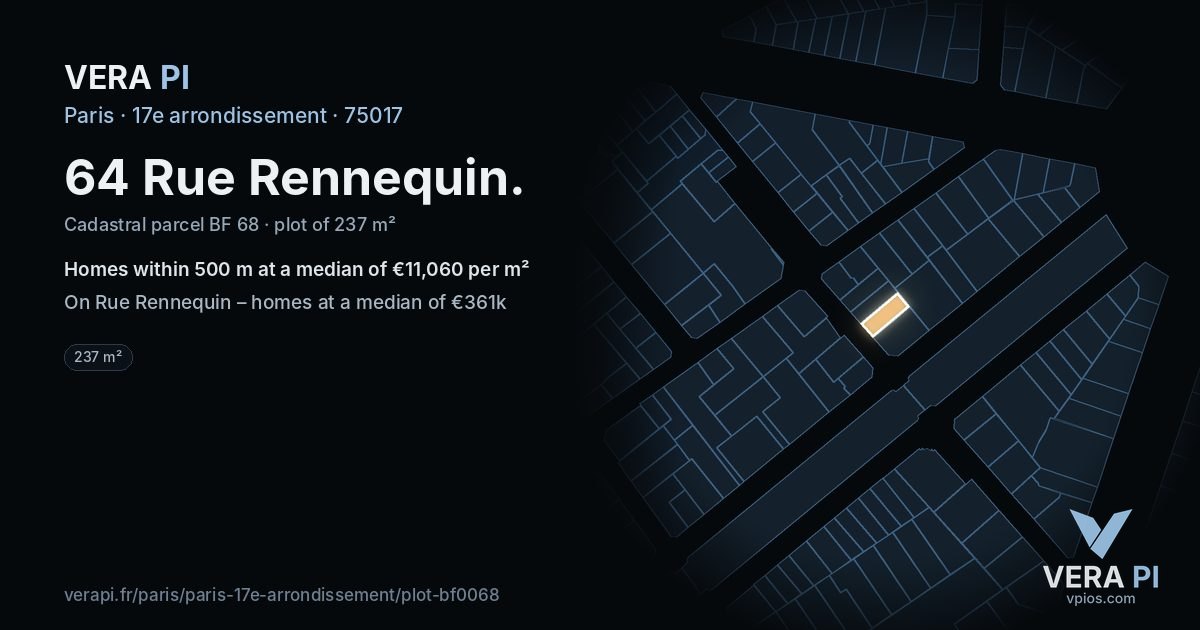 64 Rue Rennequin, 17e arrondissement at night – the plot lit, the parcels around coloured by the prices near them