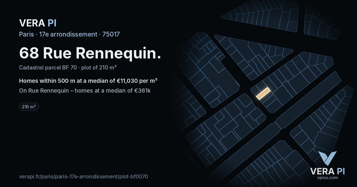 68 Rue Rennequin, 17e arrondissement at night – the plot lit, the parcels around coloured by the prices near them