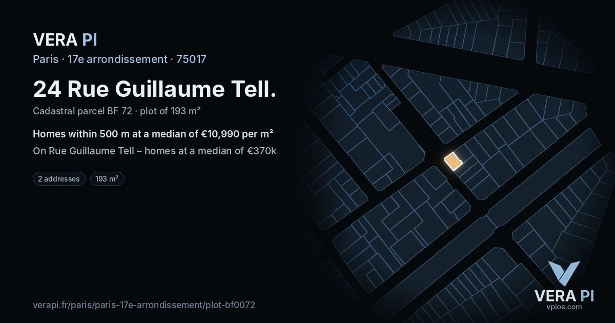 24 Rue Guillaume Tell, 17e arrondissement at night – the plot lit, the parcels around coloured by the prices near them