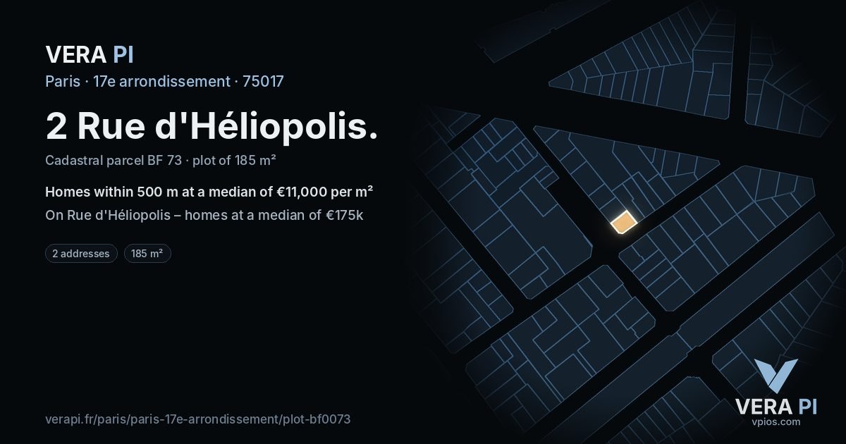 2 Rue d'Héliopolis, 17e arrondissement at night – the plot lit, the parcels around coloured by the prices near them