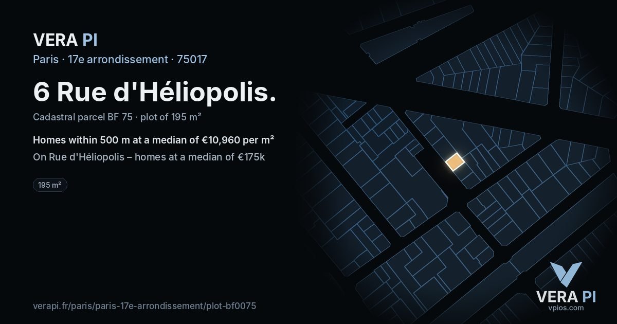 6 Rue d'Héliopolis, 17e arrondissement at night – the plot lit, the parcels around coloured by the prices near them