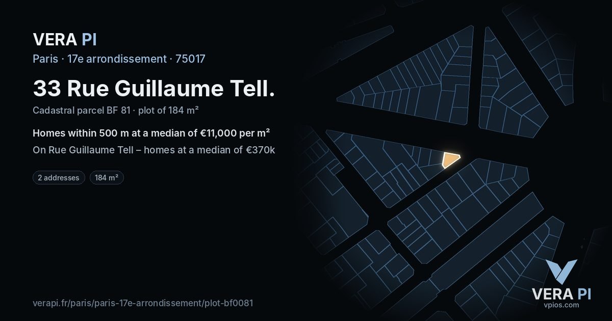 33 Rue Guillaume Tell, 17e arrondissement at night – the plot lit, the parcels around coloured by the prices near them
