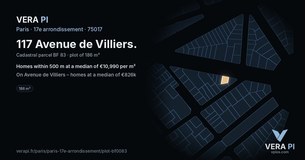 117 Avenue de Villiers, 17e arrondissement at night – the plot lit, the parcels around coloured by the prices near them