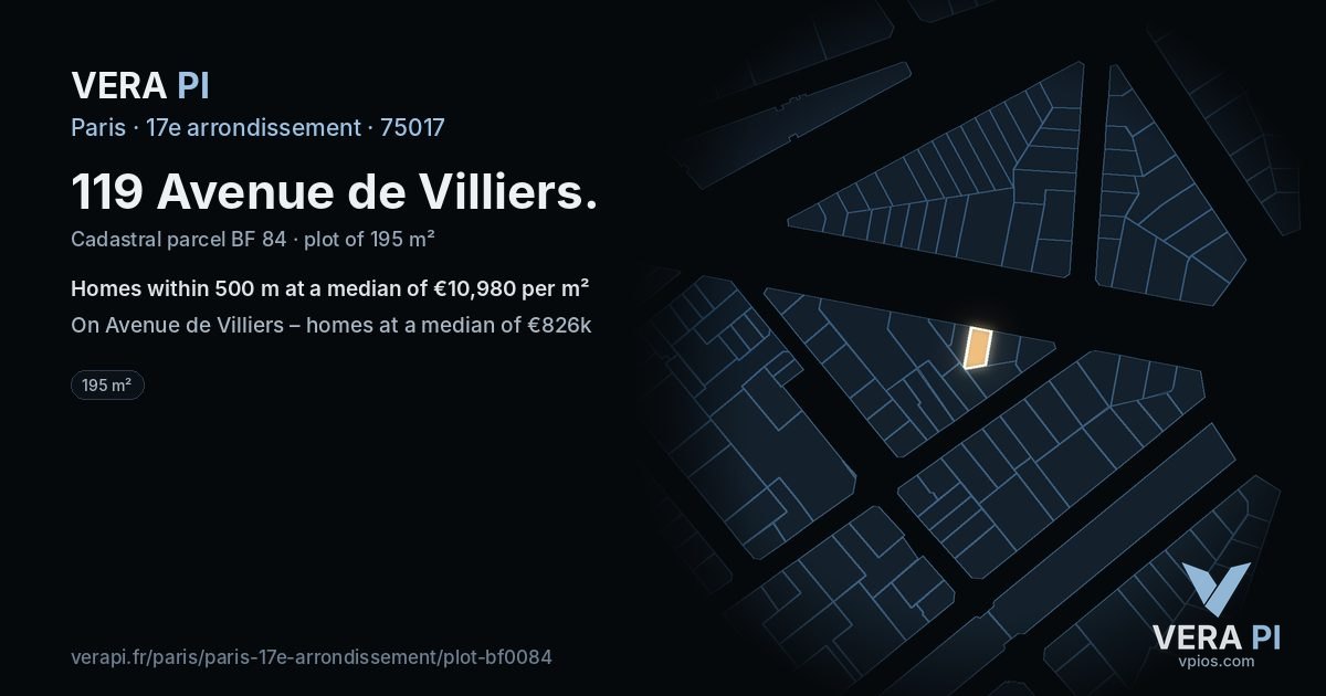 119 Avenue de Villiers, 17e arrondissement at night – the plot lit, the parcels around coloured by the prices near them