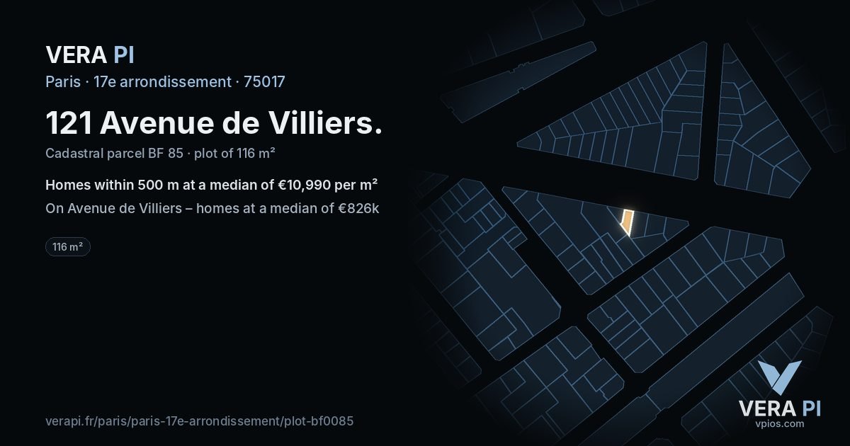 121 Avenue de Villiers, 17e arrondissement at night – the plot lit, the parcels around coloured by the prices near them