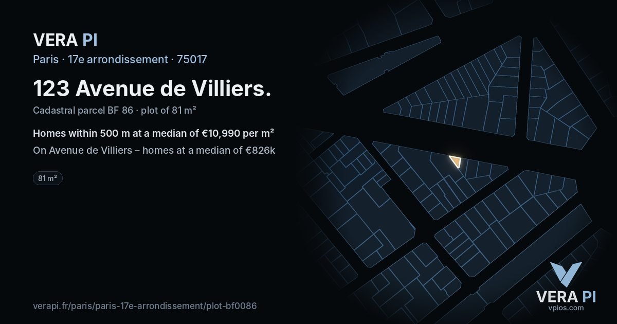 123 Avenue de Villiers, 17e arrondissement at night – the plot lit, the parcels around coloured by the prices near them