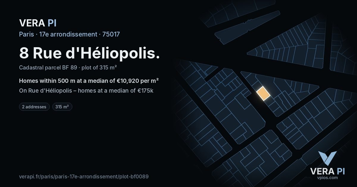 8 Rue d'Héliopolis, 17e arrondissement at night – the plot lit, the parcels around coloured by the prices near them
