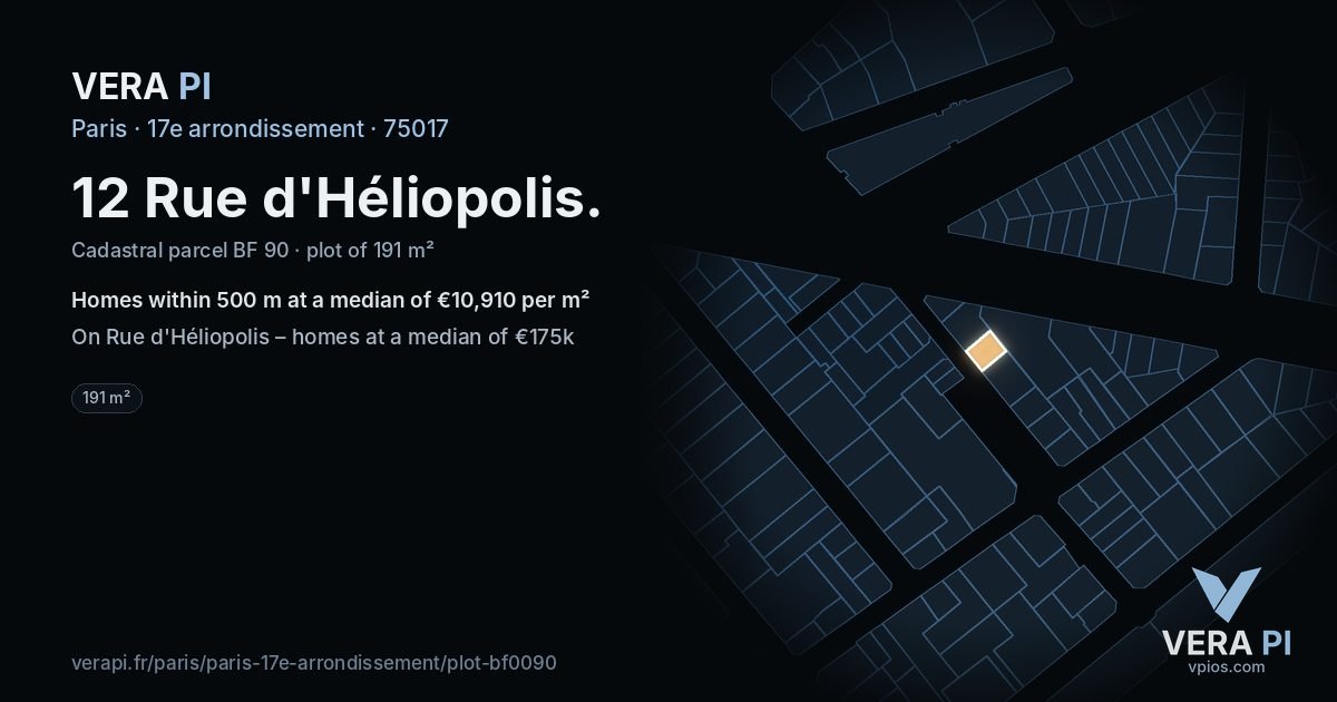 12 Rue d'Héliopolis, 17e arrondissement at night – the plot lit, the parcels around coloured by the prices near them