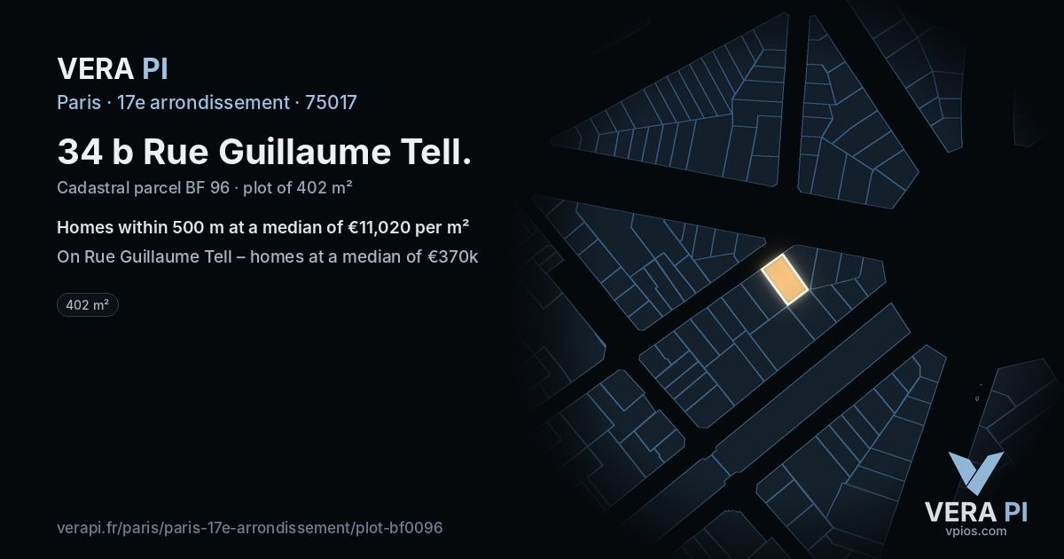 34 b Rue Guillaume Tell, 17e arrondissement at night – the plot lit, the parcels around coloured by the prices near them