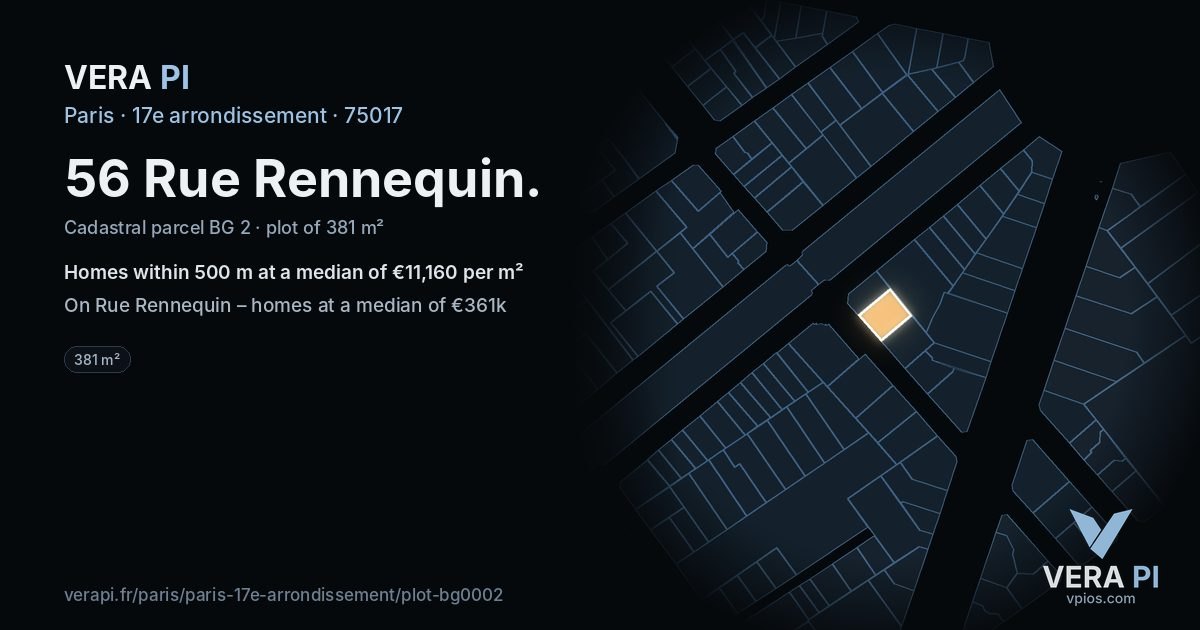 56 Rue Rennequin, 17e arrondissement at night – the plot lit, the parcels around coloured by the prices near them