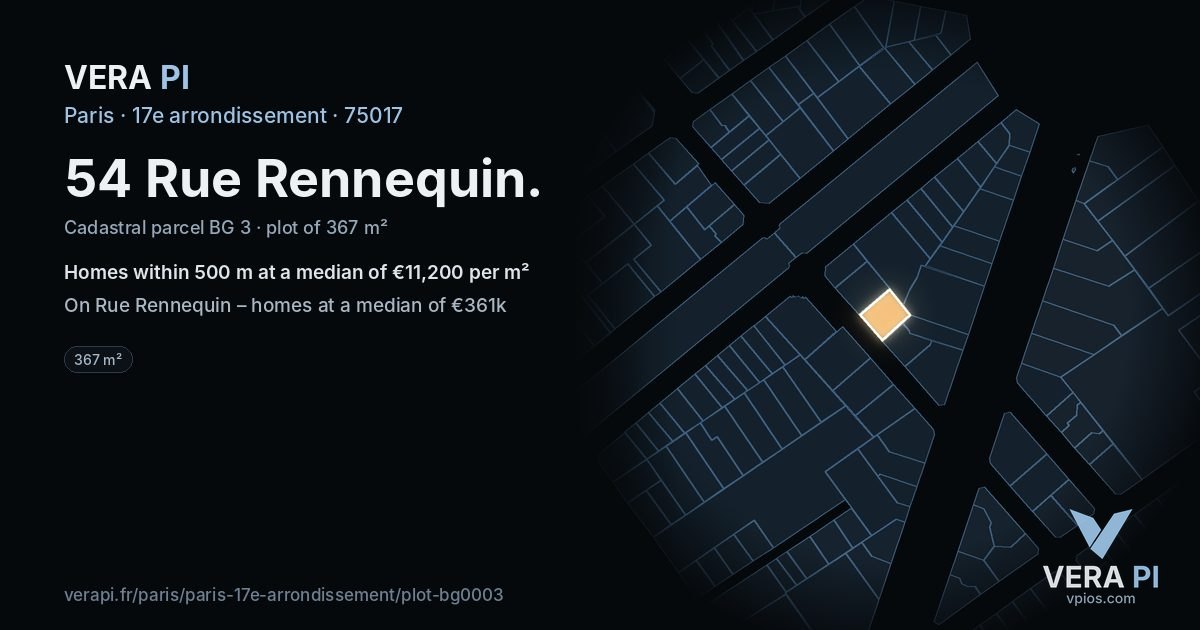 54 Rue Rennequin, 17e arrondissement at night – the plot lit, the parcels around coloured by the prices near them