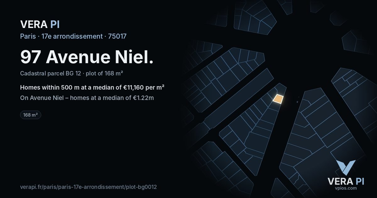 97 Avenue Niel, 17e arrondissement at night – the plot lit, the parcels around coloured by the prices near them