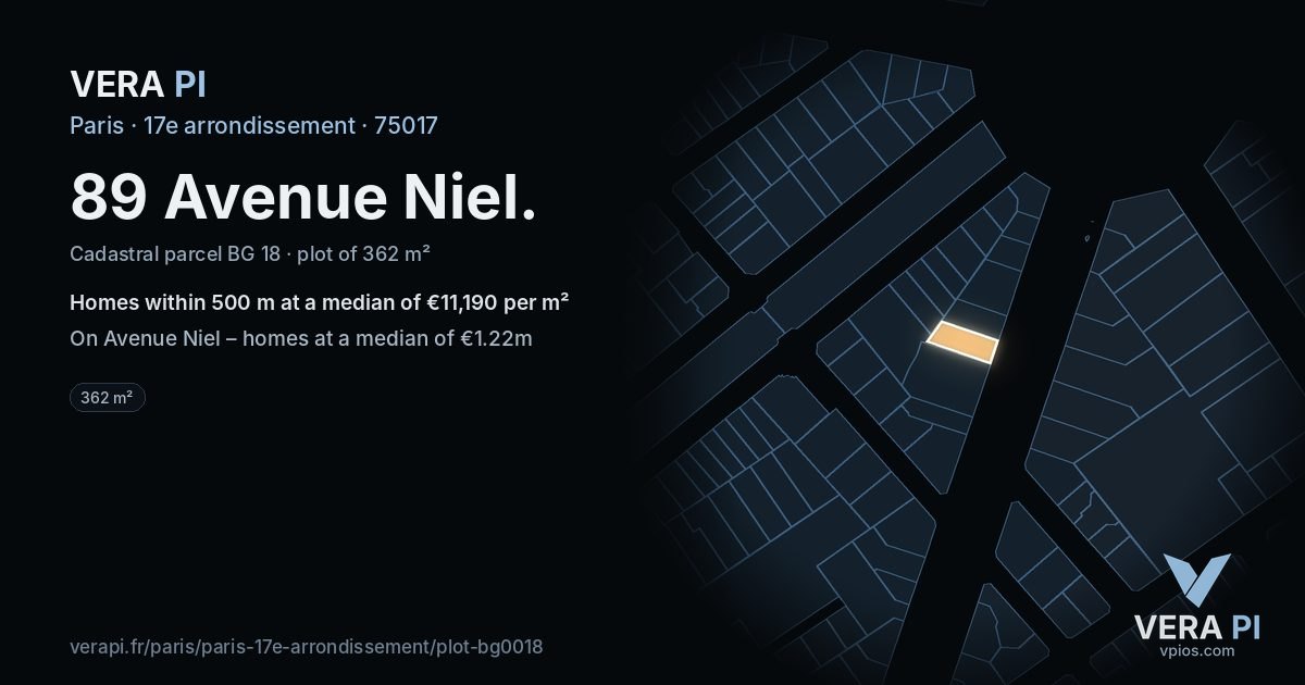 89 Avenue Niel, 17e arrondissement at night – the plot lit, the parcels around coloured by the prices near them