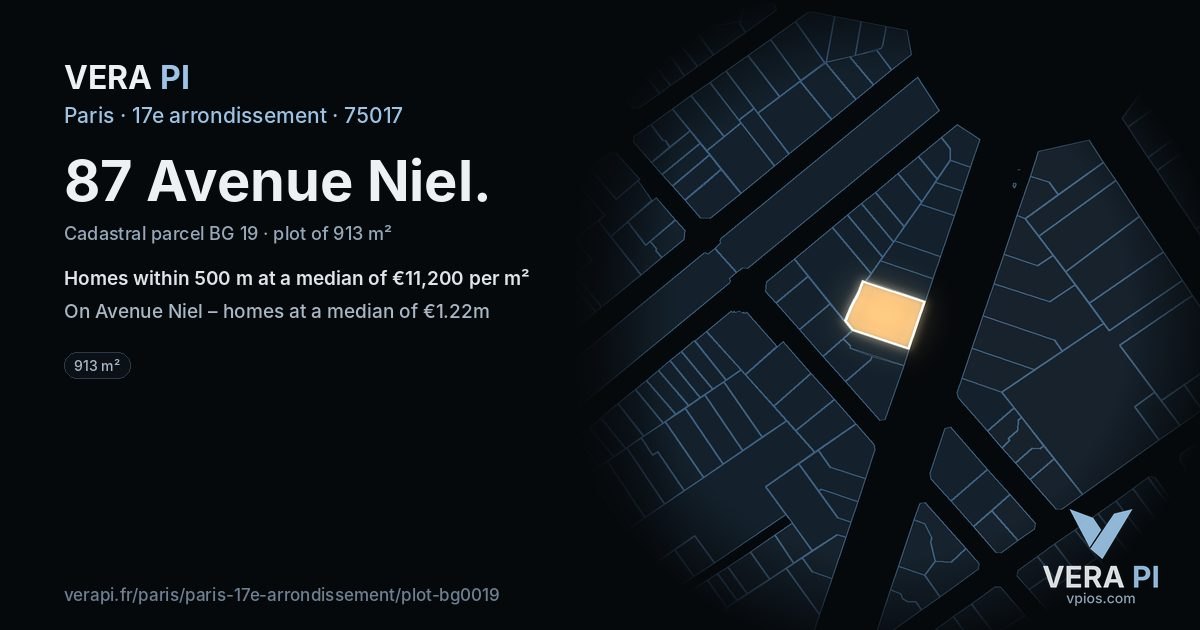 87 Avenue Niel, 17e arrondissement at night – the plot lit, the parcels around coloured by the prices near them