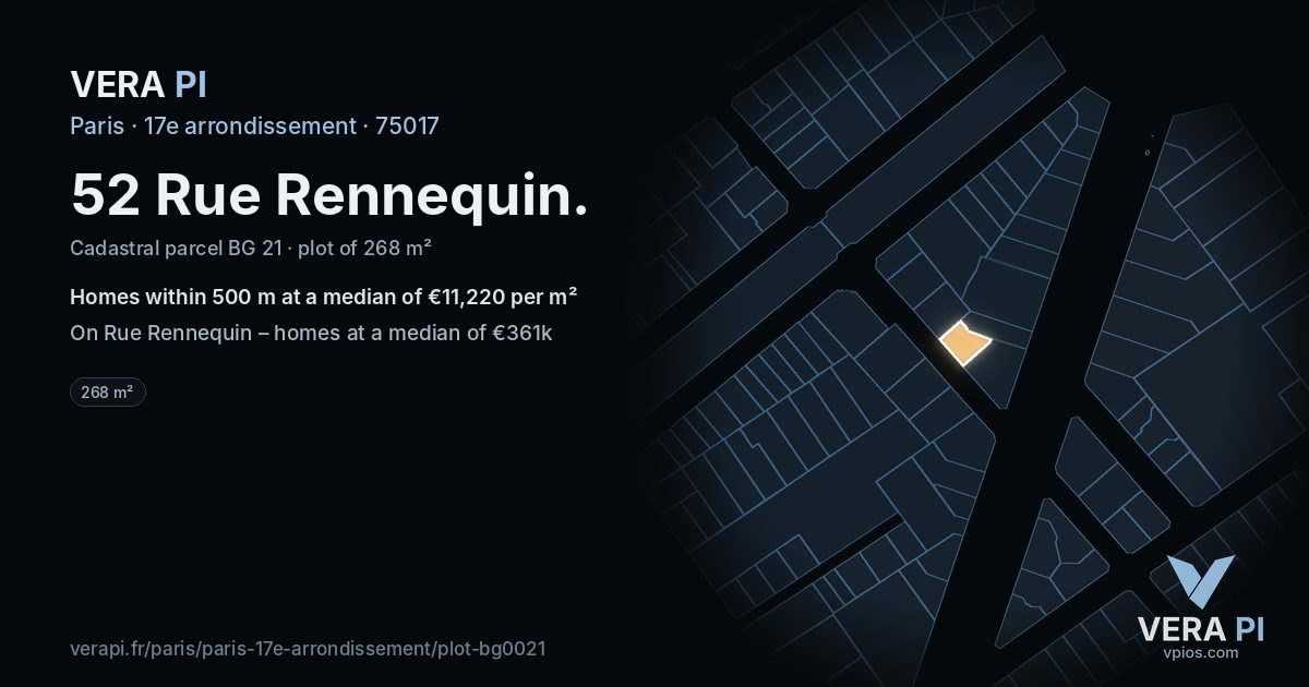 52 Rue Rennequin, 17e arrondissement at night – the plot lit, the parcels around coloured by the prices near them