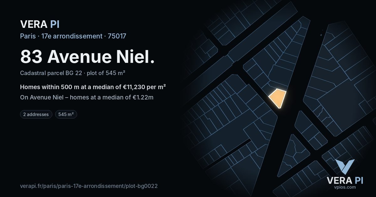83 Avenue Niel, 17e arrondissement at night – the plot lit, the parcels around coloured by the prices near them