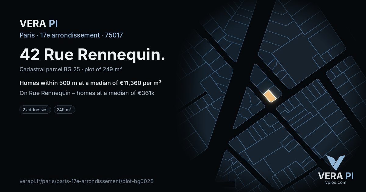 42 Rue Rennequin, 17e arrondissement at night – the plot lit, the parcels around coloured by the prices near them