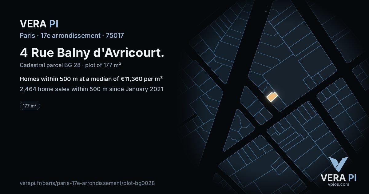 4 Rue Balny d'Avricourt, 17e arrondissement at night – the plot lit, the parcels around coloured by the prices near them