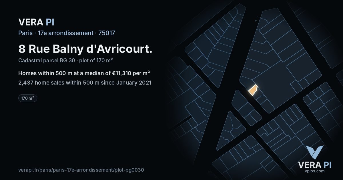 8 Rue Balny d'Avricourt, 17e arrondissement at night – the plot lit, the parcels around coloured by the prices near them