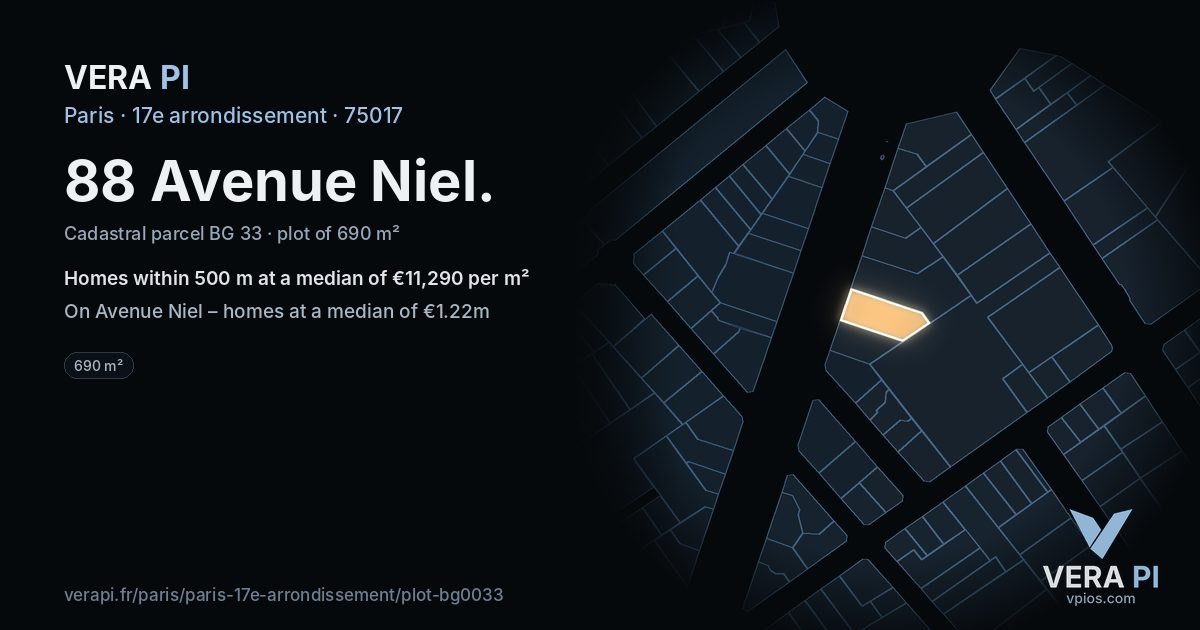88 Avenue Niel, 17e arrondissement at night – the plot lit, the parcels around coloured by the prices near them