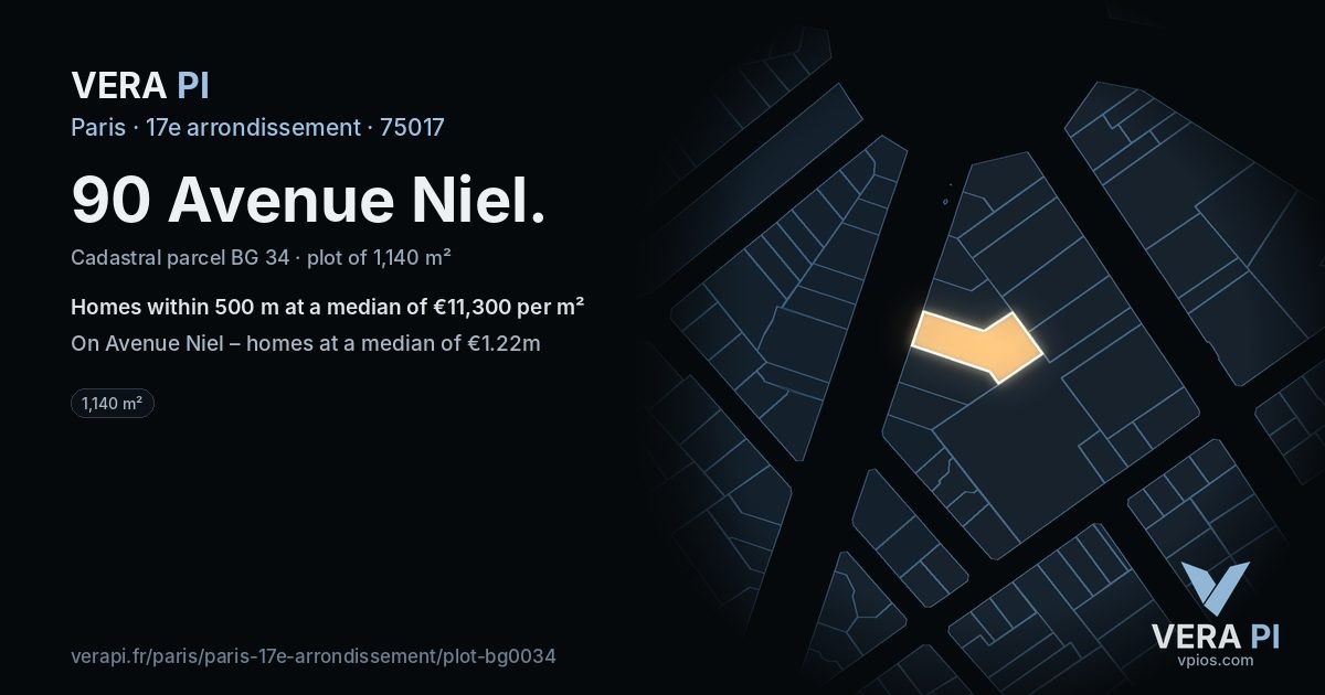 90 Avenue Niel, 17e arrondissement at night – the plot lit, the parcels around coloured by the prices near them