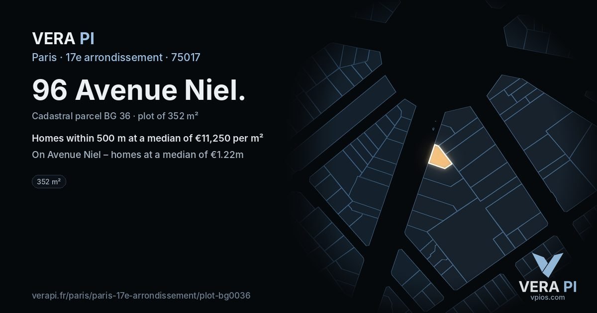 96 Avenue Niel, 17e arrondissement at night – the plot lit, the parcels around coloured by the prices near them
