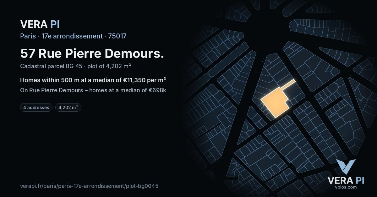57 Rue Pierre Demours, 17e arrondissement at night – the plot lit, the parcels around coloured by the prices near them