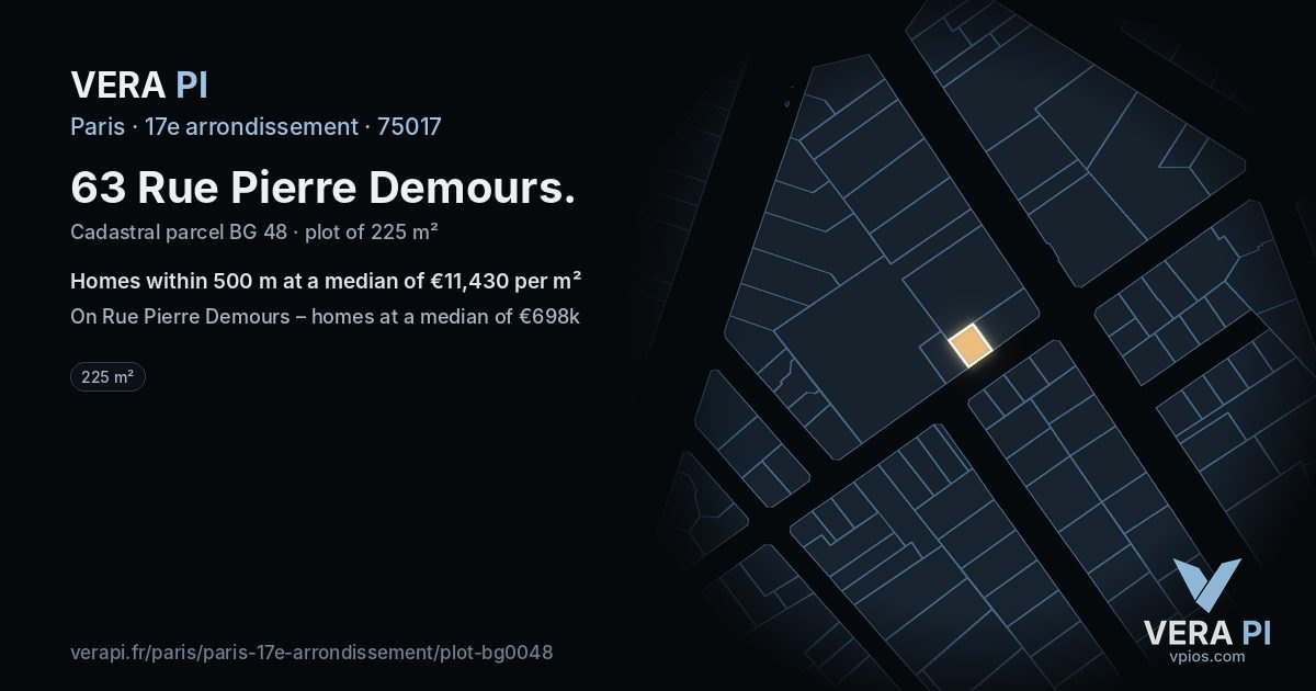 63 Rue Pierre Demours, 17e arrondissement at night – the plot lit, the parcels around coloured by the prices near them